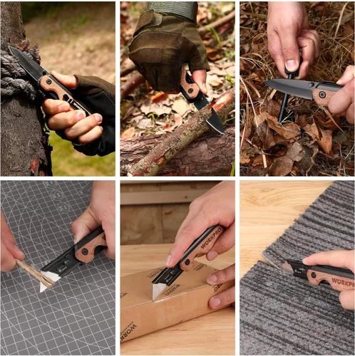Miniatura 8 de WORKPRO Cuchillo plegable 2 en 1/cuchillo utilitario, regalos para papá, cortador de caja de cambio rápido con clip para cinturón y bloqueo de Madera