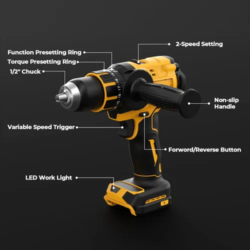Miniatura 8 de Taladro de Martillo Inalámbrico Compatible con Batería Dewalt 20V MAX (Sin Batería) Taladro Sin Escobillas de 20V, Taladro Inalámbrico de 1/2