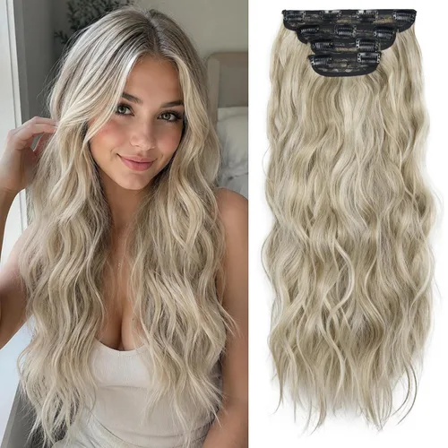 Miniatura 11 de Extensiones de cabello sintético con pinzas, largas y lacias, gruesas, extensiones de cabello natural de fibra de color rubio 613 de doble trama, 20
