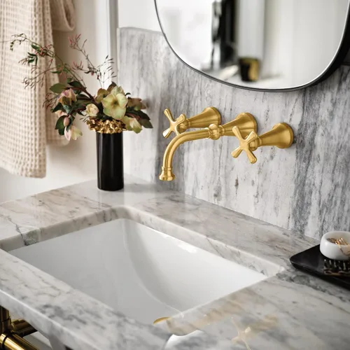 Miniatura 7 de Moen Colinet Oro Cepillado - Llave de baño tradicional de arco alto, de dos mandos, con mangos cruzados, requiere válvula, TS44103BG