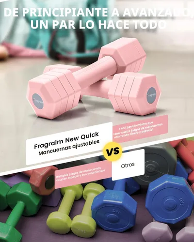 Miniatura 5 de Juego de mancuernas ajustables, juego de pesas de mano 4 en 1 para mujeres y hombres, un par de mancuernas de 10 libras cada uno de 2 libras, 3 Rosa