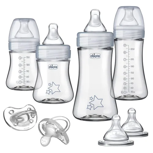 Chicco Duo Set de regalo para bebé recién nacido con biberón híbrido con vidrio Invinci en el interior y plástico en el exterior | Seguro para Gris