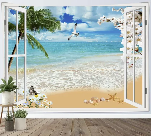 Miniatura 9 de HVEST Tapiz de playa para colgar en la pared, paisaje tropical azul océano, tapiz natural para dormitorio, palmera verde con cielo azul, nube