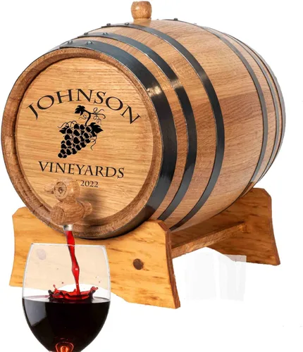 Barril de vino de roble personalizado de 2 litros (0.5 galones) con soporte de madera, Bung y espita – Barriles de vino americanos pequeños de 2 L