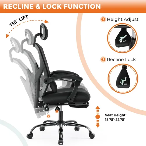 Miniatura 5 de Sweetcrispy Silla de escritorio para computadora de oficina, ergonómica, con respaldo alto, de malla, giratorias, con ruedas, cómodo soporte lumbar