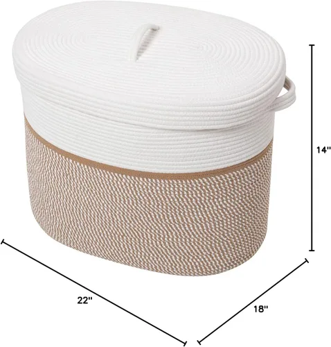 Miniatura 10 de Cesta de almacenamiento rectangular extragrande de 22 x 14 x 18 pulgadas con tapa, cesta de almacenamiento grande de cuerda de algodón, cesta