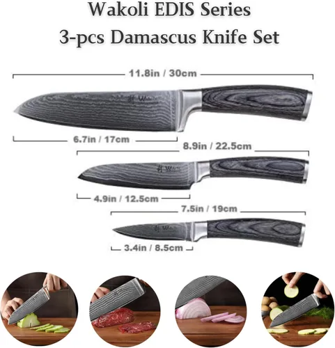 Miniatura 4 de Wakoli EDIS - Juego de cuchillos de damasco de 3 piezas, cuchillos de cocina profesionales con cuchillas de núcleo VG10, acero de Damasco de 67