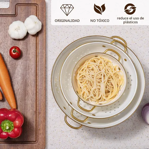 Miniatura 4 de Juego de 3 coladores de metal, cesta coladora con asas, perfecto para espaguetis, pasta, bayas, verduras, frutas, base sólida con recubrimiento