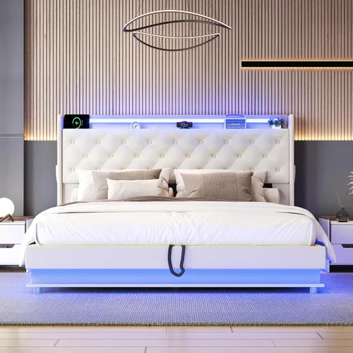 Miniatura 3 de Ailisite Cama de almacenamiento elevable de tamaño matrimonial, cama de plataforma tapizada con cabecera de almacenamiento con botones capitoné