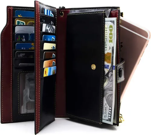 Miniatura 3 de ANDOILT Cartera de cuero genuino con bloqueo RFID para mujer, de gran capacidad, de lujo, con cera, tarjetero, organizador