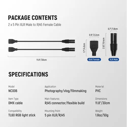 Miniatura 7 de Neewer Cable DMX XLR hembra de 3 pines a RJ45 hembra, paquete de 2 conectores adaptadores RJ45 a 3 pines XLR solo tubo TL60 RGB varita de luz
