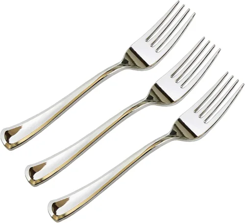 Miniatura 12 de Juego de cubiertos de plástico dorado de 120 piezas, reutilizables y reciclables, utensilios de plástico dorado para bodas, aniversarios, duchas