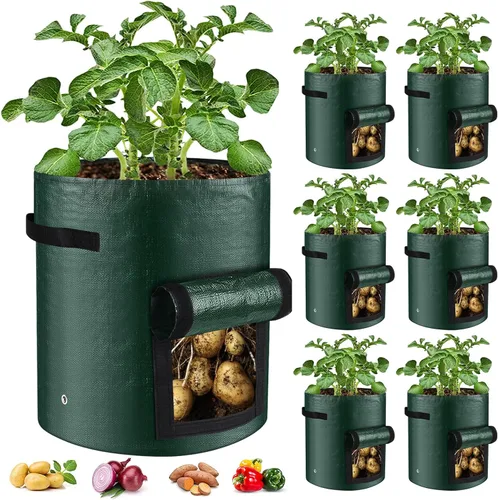 Miniatura 8 de Juego de 3 bolsas de cultivo de 10 galones, macetas de tela de polietileno resistentes con solapa y asas, bolsas de plantación verdes para papas