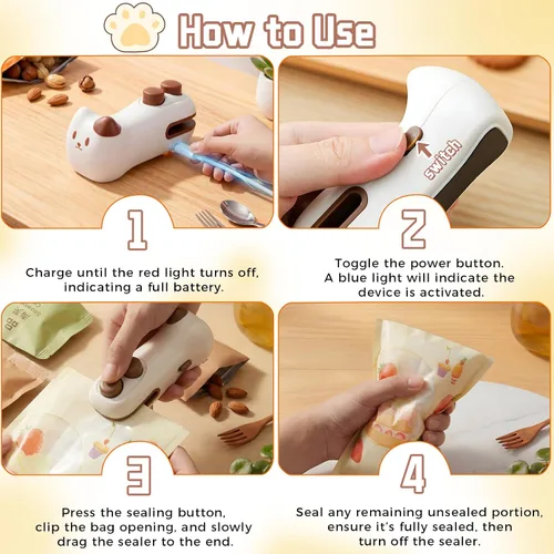 Miniatura 8 de Mini sellador de bolsas 2 en 1, sellador térmico recargable con cortador e imán, resellador portátil de bolsas de chips de mano para aperitivos