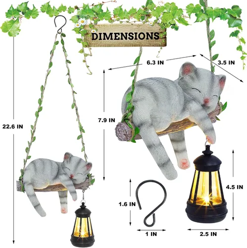 Miniatura 2 de Estatua de jardín con luz solar para exteriores, columpio colgante de 22.6 pulgadas de alto con un gato dormido y una linterna LED, figura de animal