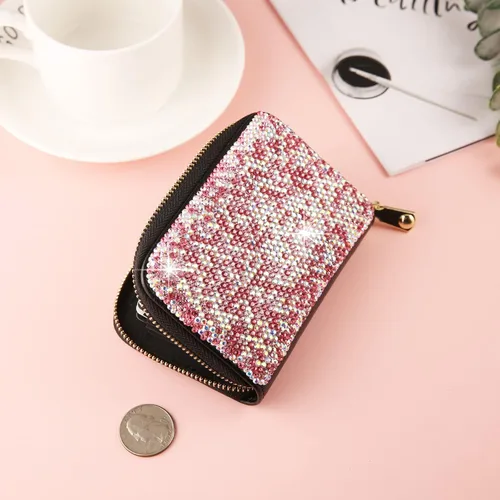 Miniatura 5 de AsAlways Funda con cremallera multicapa con diamantes de imitación RFID, cartera pequeña delgada para mujer, Rosado, Moderno