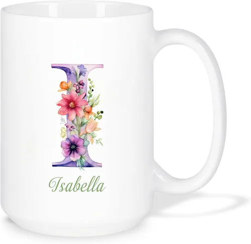 Miniatura 27 de Taza de café personalizada de la letra A del alfabeto, Taza de café blanca con nombre personalizado único, Taza inicial de monograma floral