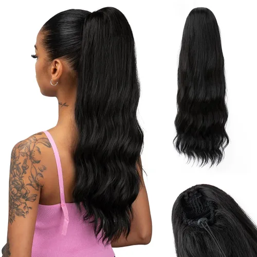 Miniatura 22 de Extensión de cabello corto negro con cordón para mujeres negras, cola de caballo recta de 14 pulgadas con rizos finales, postizos sintéticos