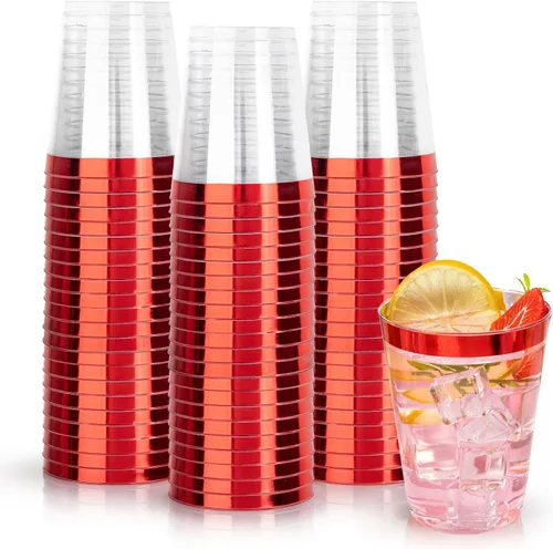 Miniatura 16 de DaYammi Paquete de 200 vasos de plástico dorados de 10 onzas, vasos de vino desechables con borde dorado, vasos de vino desechables de lujo, vasos