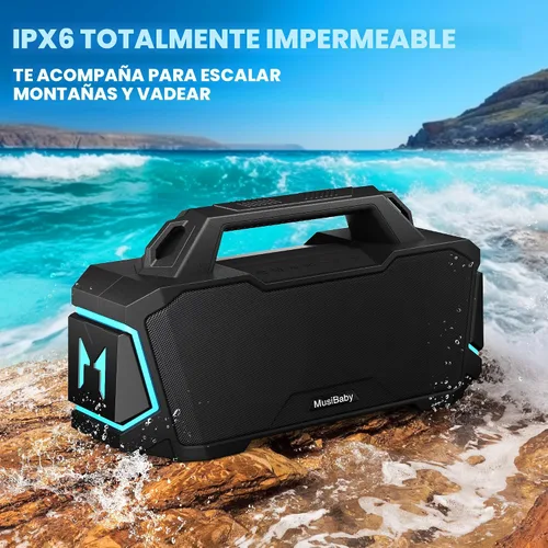 Miniatura 5 de Bocina Bluetooth, Musibaby M1 - Bocinas Bluetooth portátiles: sonido estéreo fuerte con subwoofer, graves profundos, impermeable IPX6, bocina Negro