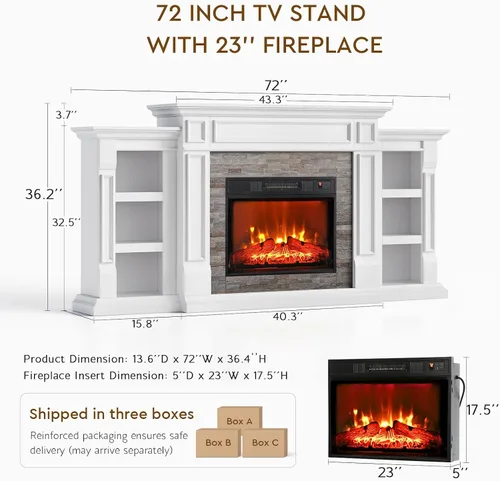 Miniatura 9 de Chimenea eléctrica de 72 pulgadas con repisa, soporte de TV para televisores de hasta 80 pulgadas, moderno centro de entretenimiento con Blanco