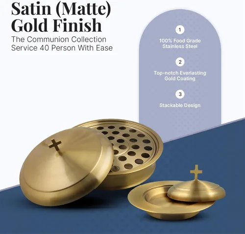 Miniatura 2 de Communion Ware - Bandeja para servir vino santo con tapa y un plato de pan apilable con tapa, acero inoxidable (latón/dorado)