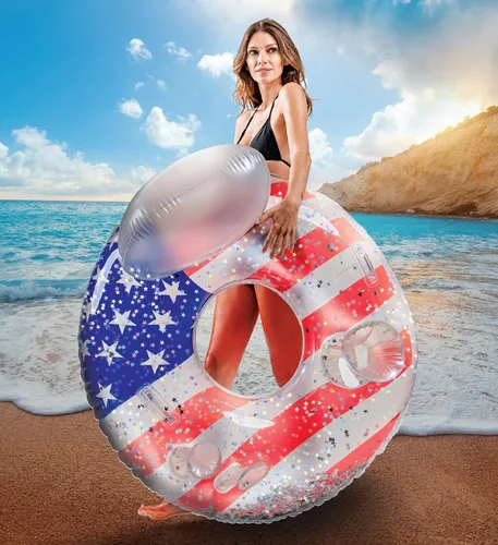 Miniatura 2 de POZA Flotador inflable de piscina de Estados Unidos – Lujosa tumbona divertida llena de confeti de estrellas plateadas brillantes, diseño de bandera