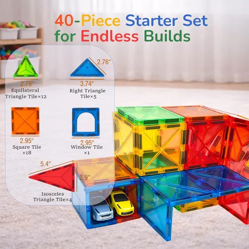 Miniatura 7 de LATI Juego de iniciación de azulejos magnéticos para niños, bloques de construcción magnéticos para principiantes para aprendizaje temprano, 2D