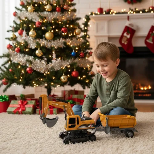 Miniatura 6 de Juguete de excavadora a control remoto, juego de juguetes de construcción con luz y sonido, pala de aleación y camión volquete, juguetes para niños