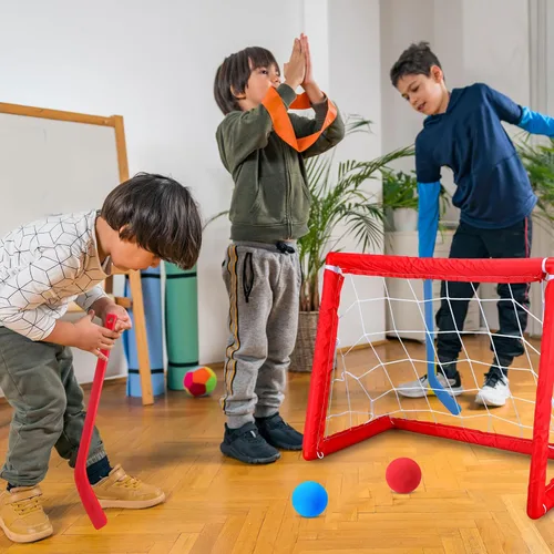 Miniatura 7 de Leyndo Juego de 2 juegos de mini hockey para niños, incluye 2 redes de hockey, 2 mini portería de hockey, 4 mini palos de hockey de plástico, 4 rojo