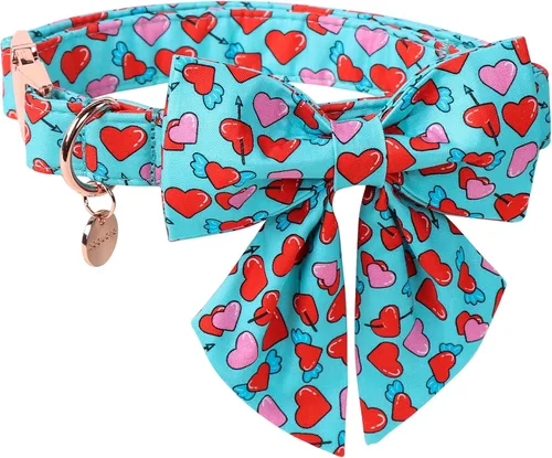 Miniatura 11 de DOGWONG Collar de perro de San Valentín con pajarita, corazón azul, perfecto para perros pequeños, medianos y grandes, patrón de corazón, pajarita