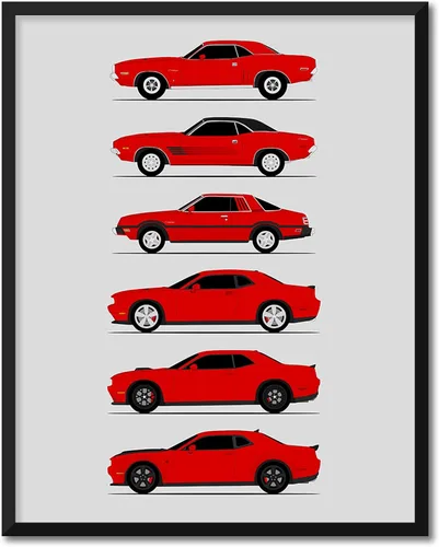 Miniatura 12 de Custom Car Posters Póster hecho a mano compatible con Dodge Challenger Generations e impresión de Challenger SRT, multicolor, impresión metálica