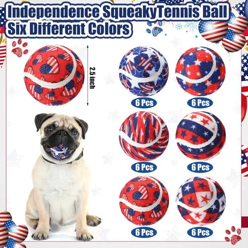 Miniatura 2 de 36 pelotas de tenis chirriantes para perros del Día de la Independencia de 2.5 pulgadas, juguetes interactivos para mascotas, pelota para perros