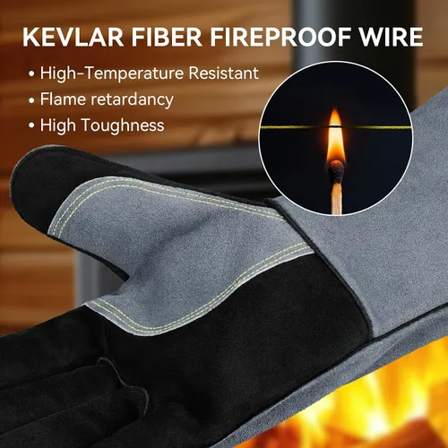 Miniatura 3 de Guantes de soldadura Mig/Stick resistentes al calor de 932 °F de cuero de vaca de 14 pulgadas, guantes de barbacoa de manga larga y forro aislado