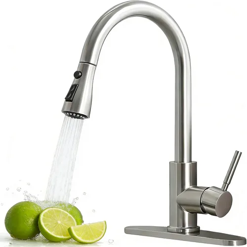 Miniatura 10 de Grifo de cocina de perfil bajo extraíble con rociador, grifo de fregadero de lavandería de acero inoxidable de una sola manija con níquel cepillado