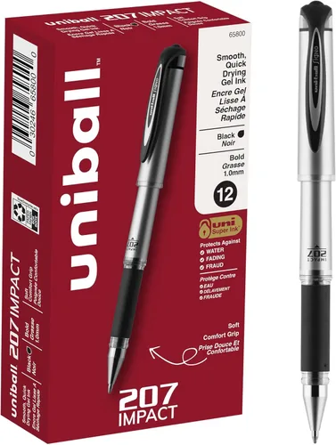 uni-ball 207 Impact Bolígrafos de gel, punta gruesa, 0.039 in, negro; barril gris, tinta negra, paquete de 12