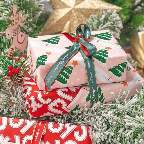 Miniatura 5 de WRAPAHOLIC - Papel de regalo de Navidad reversible, minirollo, 17 pulgadas x 33 pies, diseño de árbol de Navidad con letras “joy”, perfecto