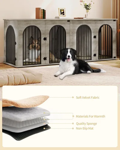 Miniatura 4 de Hzuaneri Mueble de jaula para perros de 88.4 pulgadas para 2 perros, soporte de TV para perreras de interior resistente, jaula de madera XXL