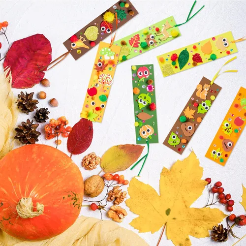 Miniatura 6 de 32 juegos de marcadores de otoño DIY kit de manualidades de otoño en blanco con hojas de arce y ojos meneantes, calcomanías de espuma con pompones