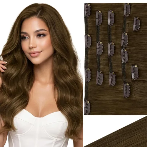 Miniatura 20 de Ve Sunny Extensiones de cabello clip-in de cabello humano real con reflejos, extensiones de cabello con clip para cabello corto, marrón oscuro