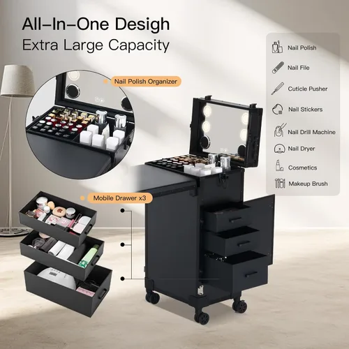 Miniatura 8 de Mesa de manicura portátil rodante con 3 cajones, estuche de maquillaje con cerradura con espejo y organizador de esmalte de uñas, escritorio de uñas