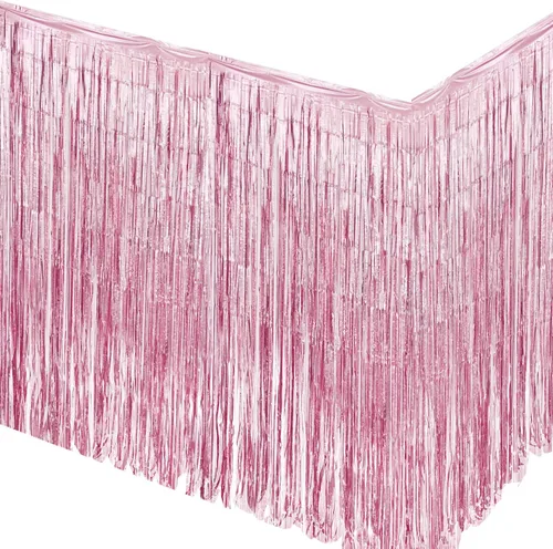 allgala Paquete de 2 faldas de mesa de oropel rosa de 29 x 108 pulgadas con flecos metálicos para fiestas, eventos, desfiles, flotadores, decoración