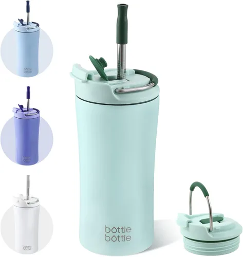 Miniatura 10 de BOTTLE BOTTLE Vaso de café con tapa de doble uso y pajita, taza de café de viaje de doble pared para mujer y hombre, vaso aislado de acero Blanco