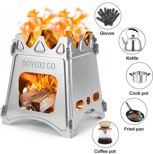 Miniatura 5 de Estufa de leña portátil para camping, de acero inoxidable, ligera, de arranque rápido, con bolsa de transporte para cocinar al aire libre