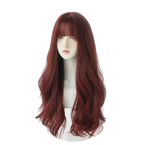 Miniatura 21 de Peluca de 22 pulgadas de largo y lacia con flequillo de cortina para mujer, cabello sintético negro, resistente al calor, para fiesta, cosplay, Té
