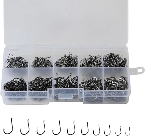 Miniatura 6 de 300pcs pequeños anzuelos de pesca negro alto carbono ganchos de pesca Set 6 tamaños con una caja de plástico 300 unidades.