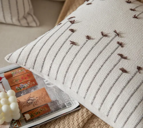 Miniatura 4 de Caflife Fundas de almohada boho de 18 x 18 pulgadas, juego de 2 almohadas decorativas para cama, fundas de almohada beige con línea negra para sofá