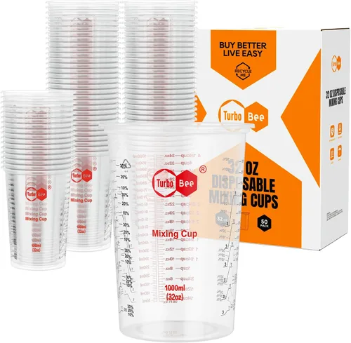 Turbo Bee Vasos mezcladores de resina de 32 onzas – [diseño antiadherente] Paquete de 50 vasos mezcladores de plástico PP graduados de 33.8 fl oz