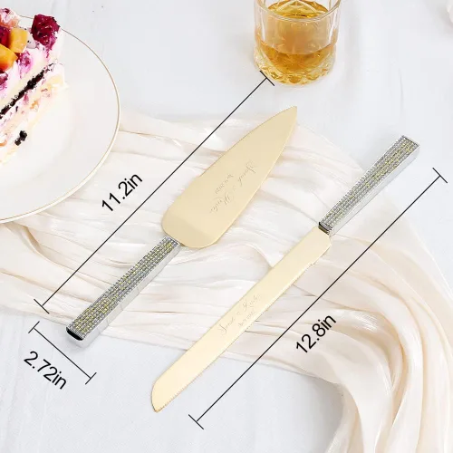 Miniatura 5 de Juego de cuchillo y servidor para pastel de boda, juego de corte de pastel personalizado, elegantes cortadores de pasteles grabados con diamantes