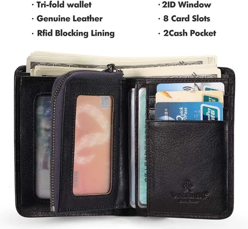 Miniatura 15 de Billetera para hombre con cremallera de cuero genuino RFID tarjeteros de piel de vaca con cremallera bolsillo para monedas, carteras plegables